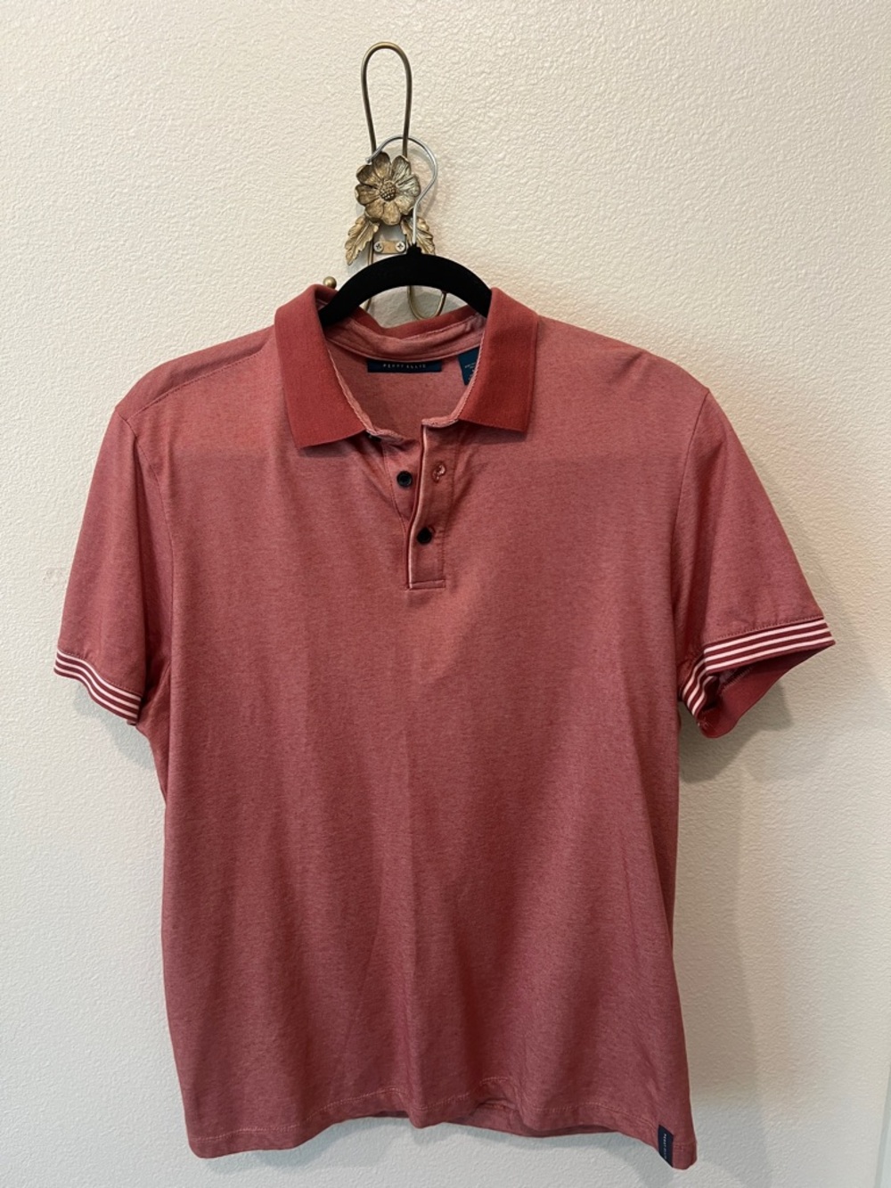 Perry Ellis Men's Polo in Dusty Rose with Striped Sleeve Trim